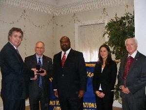 Joining together at the November meeting are (l-r) J.R. May, chapter president; Bruce Steadman, executive director, Fort Monmouth Economic Revitalization Authority (FMERA); Odis Jones, director of real estate, FMERA; Katie Hedden, project officer, FMERA; and Rick Harrison, director of facilities planning, FMERA.